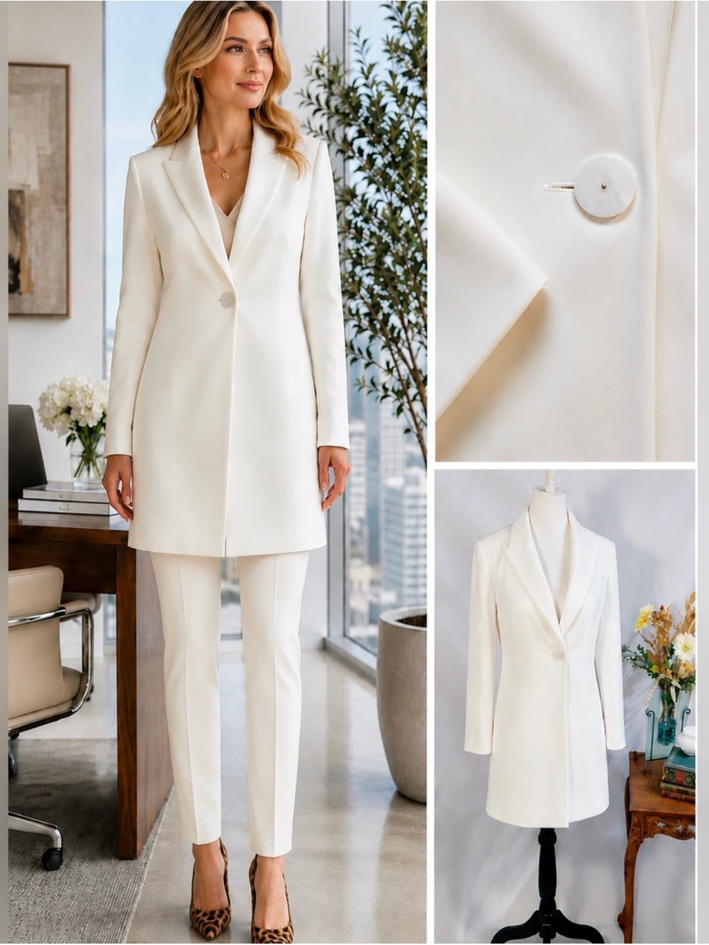 💥Alexis Ivory Longline One-Button Blazer Jacket Career Chic Sz L🧡